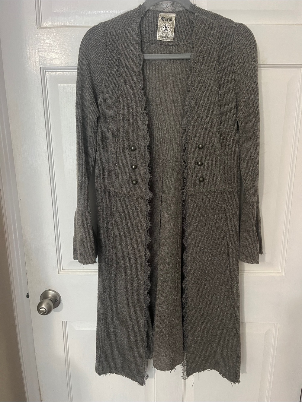 Vocal Gray Knit Cardigan with Lace Trim